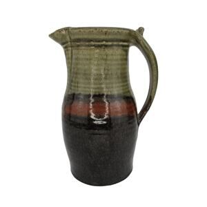 Vintage Pottery Pitcher Vessel Glaze Brown Olive Green Black Coffee Tea Handmade